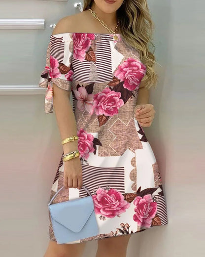 Fashionable Sexy Women's Print Dress Women's Word Shoulder Short -sleeved A -line Dress Ladies Off The Shoulder Mini Dresses
