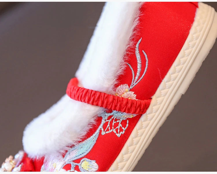 Kids Princess Embroidery Shoes Girls Winter Warm Cotton Shoes Traditional Chinese Style Children Hanfu Performance Flats Shoes