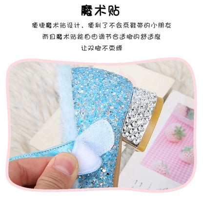 Disney Princess Crystal Girls Shoes Frozen Elsa Sophia Rhinestones Shoes Performance Party High Heels Pink Blue Shoes Size 23-36