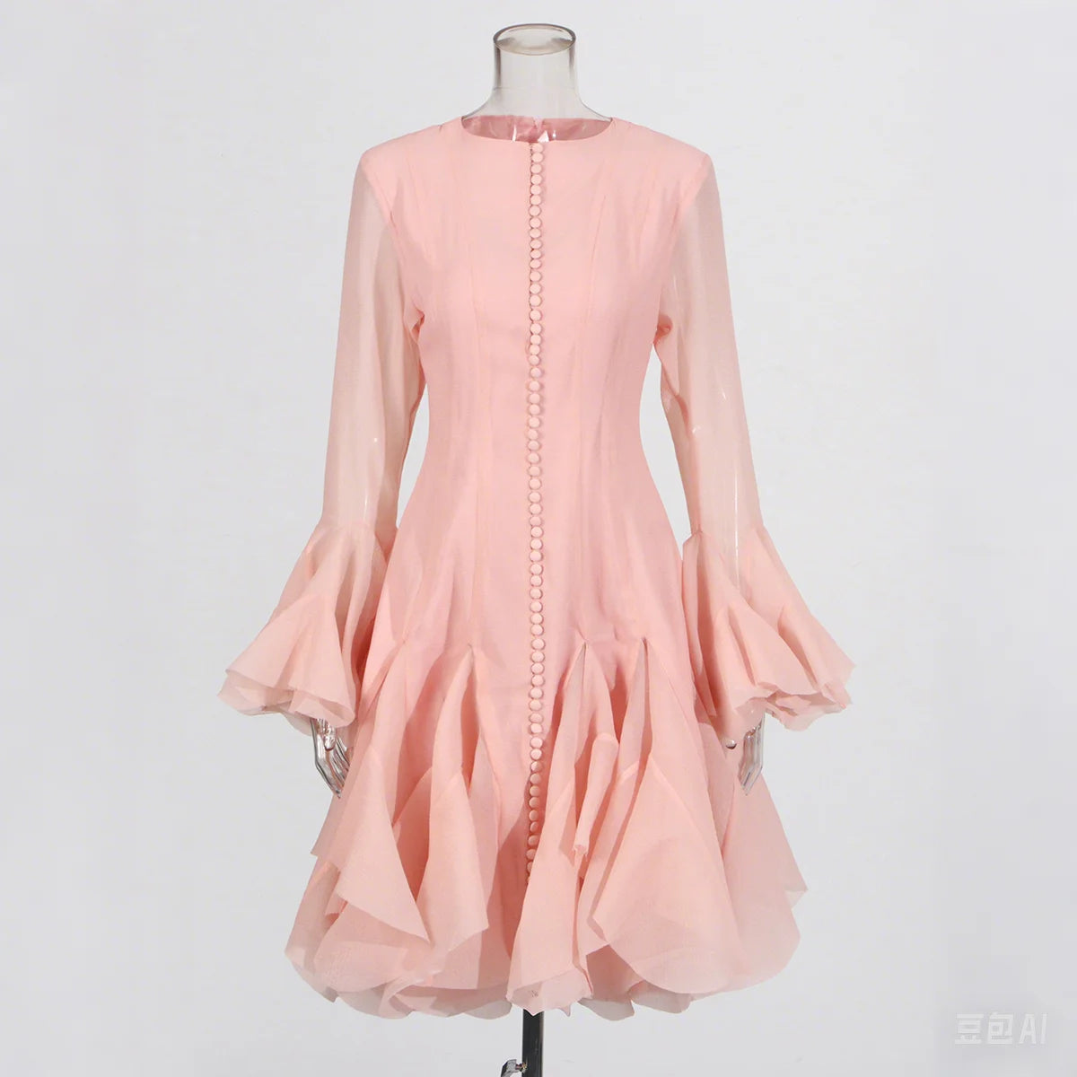 VGH Elegant Spliced Ruffles Midi Dresses for Women O Neck Petal Sleeve High Waist Slim Patchwork Buttons Solid Dress Female New