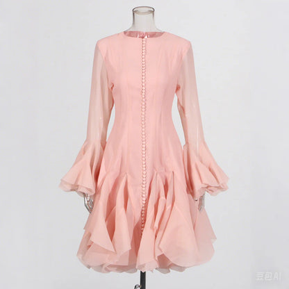 VGH Elegant Spliced Ruffles Midi Dresses for Women O Neck Petal Sleeve High Waist Slim Patchwork Buttons Solid Dress Female New