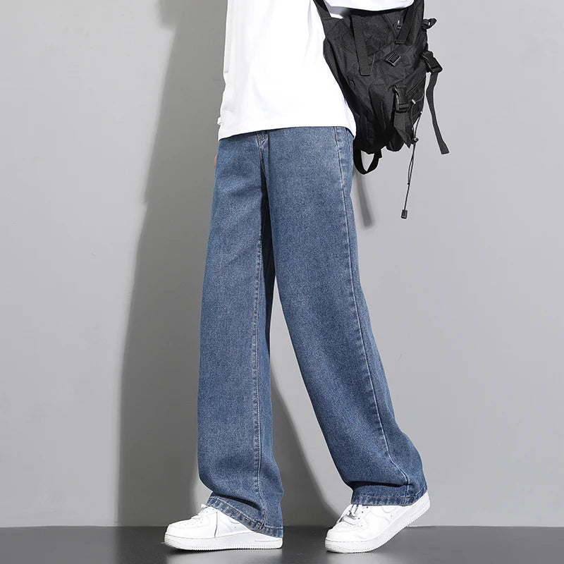 2026 New Korean Men's Casual Long Jeans Classic Man Straight Denim Wide-leg Pants Solid Color Light Blue Grey Black 3XL