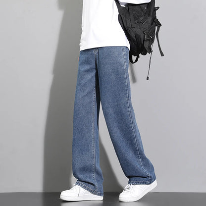 2026 New Korean Men's Casual Long Jeans Classic Man Straight Denim Wide-leg Pants Solid Color Light Blue Grey Black 3XL