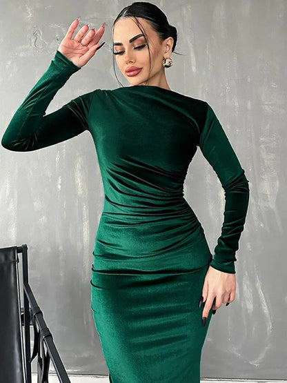 BWQ 2026 Spring Summer Velvet Long Sleeve Midi Dress For Women Ruched Long Dress Elegant Party Clothes Evening Green Outfits