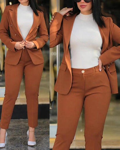 2pcs Women Office Clothing Set Long Sleeve Blazer Jacket & High Waist Pencil Pants Solid Color