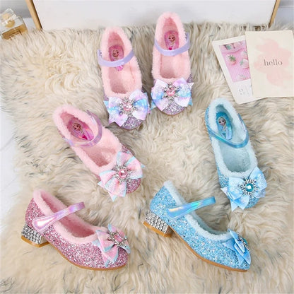 Disney Girls Show Frozen Princess Elsa Shoes Winter Girls Baby Shoes Children Blue Pink Crystal Shoes Sandals Size 23-36