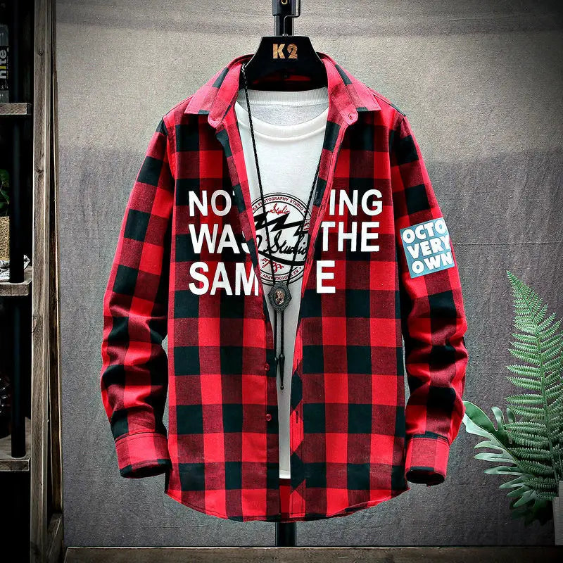 2025 Spring and Autumn Men's Lapel Loose Plaid Button Printed Pocket Casual Fashion Elegant Commuting Long sleeved Shirt