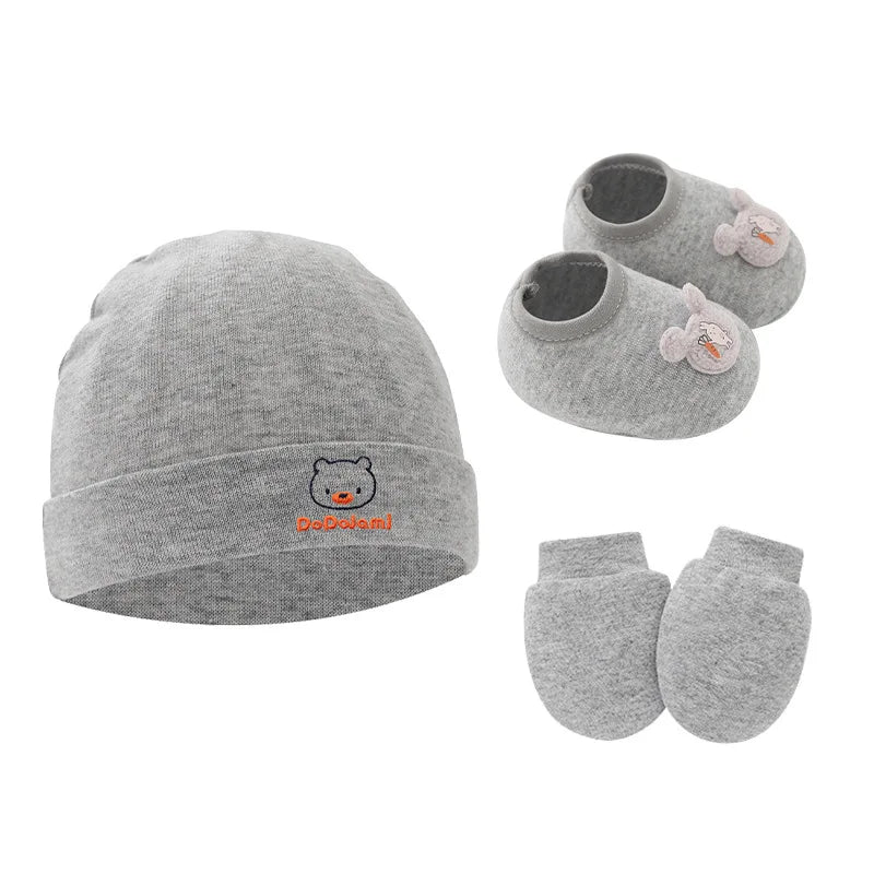 New Newborn Baby Cotton Beanies Hospital Hat Mittens Shoes Sets Solid Stretchy Infant Warm Cap Gloves 0-1 Years Old