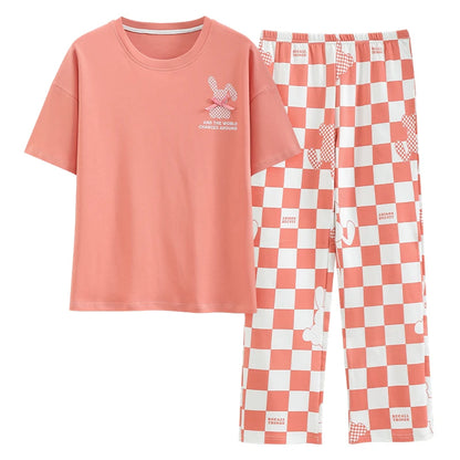 Cotton Womens Pajamas Sets Long Pants Leisure Woman's Sleepwear Ladies Elegant Lattice Printing Pajama Girls Homeware Suit