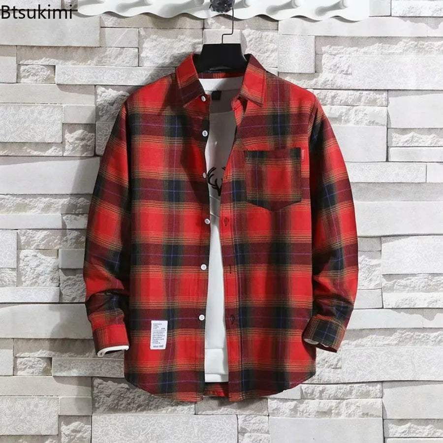 Spring New Korean Style Plaid Shirts Men's Handsome Long-sleeved Loose Casual All-matching Shirt Coats 2026 Trend Men's Clothing