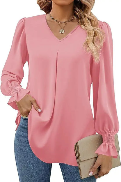 Women's New Solid Color Chiffon Shirt V-neck Pullover Flared Long Sleeved Top Shirt Office Lady Elegant Khaki Loose Blouse