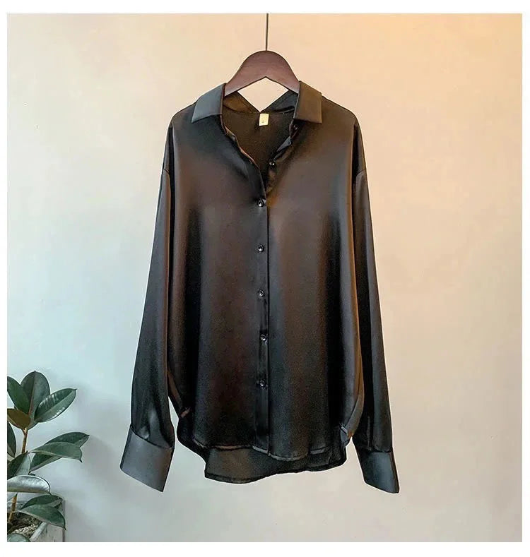 Spring Fashion Button Satin Silk Shirt Hong Kong Style Retro Shirt Women's White Top Women's Long sleeved Women's Loose Street