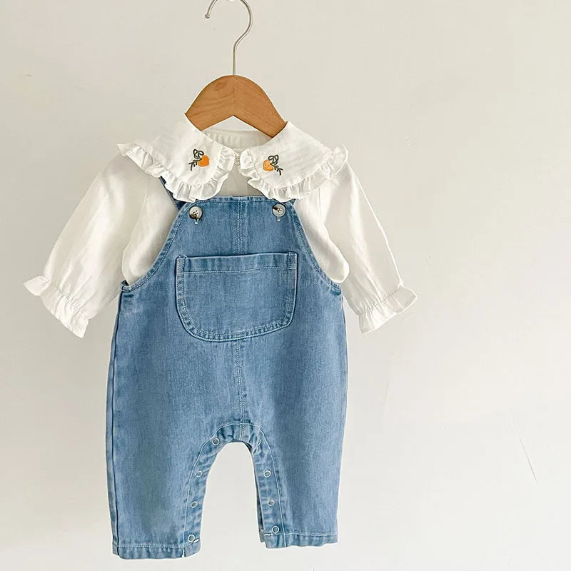 Children Clothes Suit Infant Baby Girls Clothing Set Long Sleeve Embroidered Shirt+ Denim Jumpsuit Autumn Spring Clothes Suit