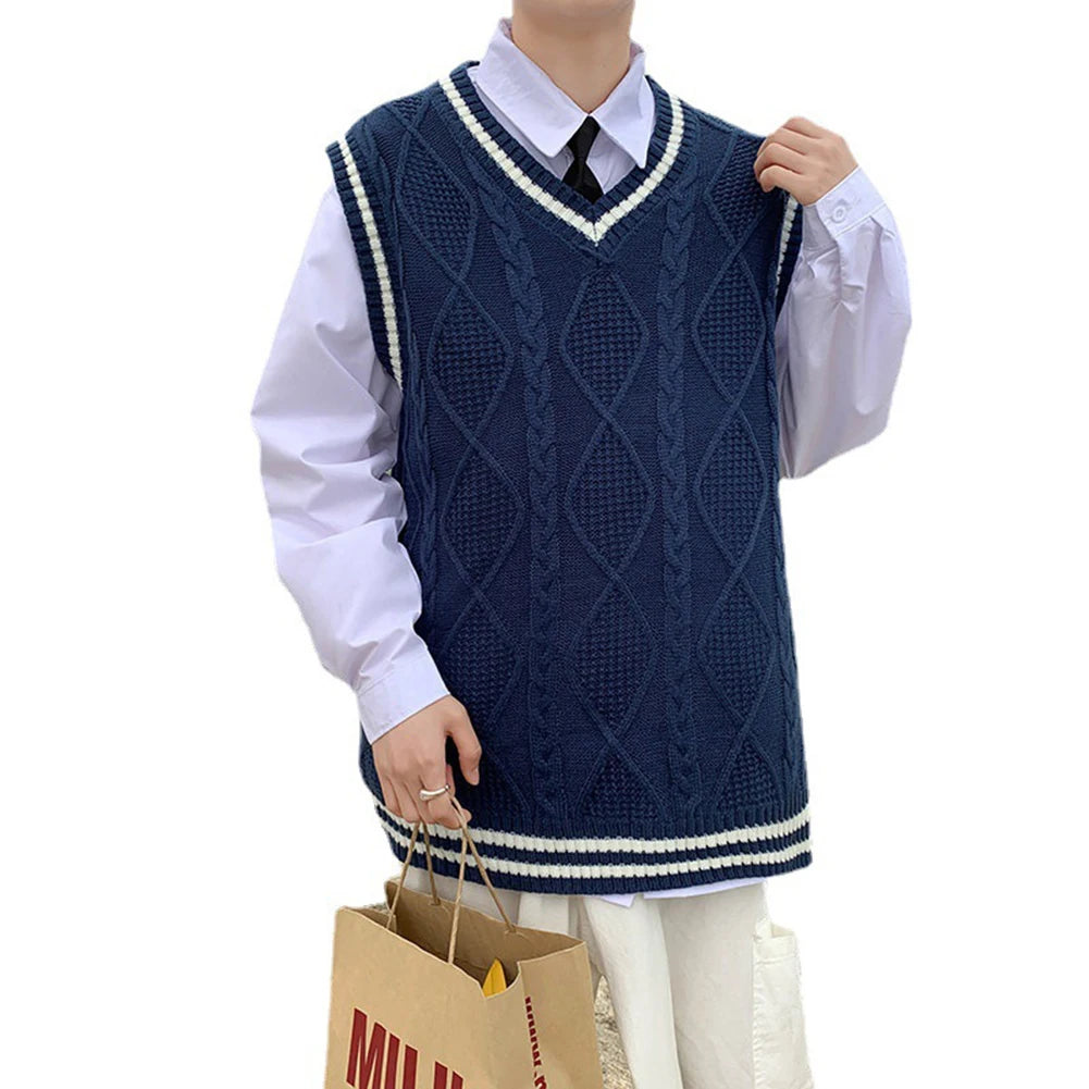 Men's Classic Contrast Color Thermal V-Neck Comfortable Cardigan Sleeveless Slight Stretch Solid Vest Simple Loose Waistcoat Tops