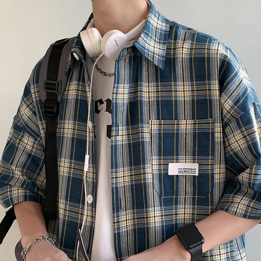 Korean Y2k Streetwear Plaid Shirt Men Shirts 2025 New Summer Fashion Chemise Homme Men's Checkered Shirts Short Sleeve Men Blouse