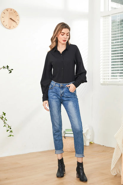 Lantern Sleeves Vintage Shirts Women Elegant White Women's Blouse with Lush Sleeves 2026 Fashion Button Up Shirt Black dropship