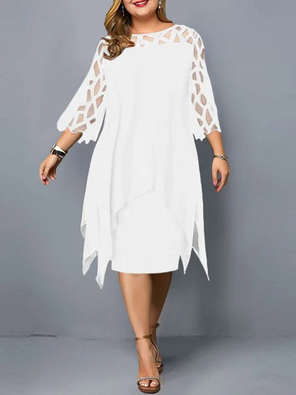 Sexy Women'S Clothing Evening Dresses Xxl O Neck Lace Sleeve Hollow Out Solid 2026 Elegant Midi Party Dress For Chubby Women