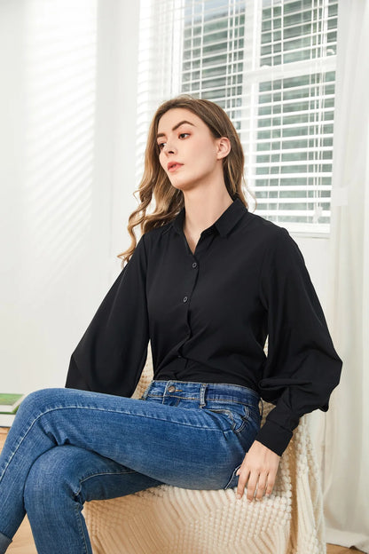 Lantern Sleeves Vintage Shirts Women Elegant White Women's Blouse with Lush Sleeves 2026 Fashion Button Up Shirt Black dropship