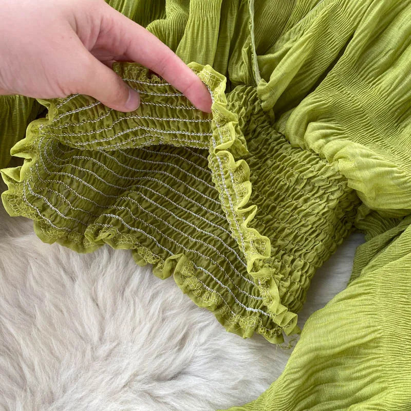 Women Sexy Chiffon Short Blouse Female See Through Super Long Sleeve Purple/Green/Black/White Folds Party Tops 2026 New