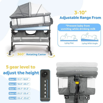 3 in 1 Baby Bassinet, Upgraded Beside Crib with 360° Highly Visible Mesh wall, Comfy Co-sleeper Bassinet with mattress, 5 Level