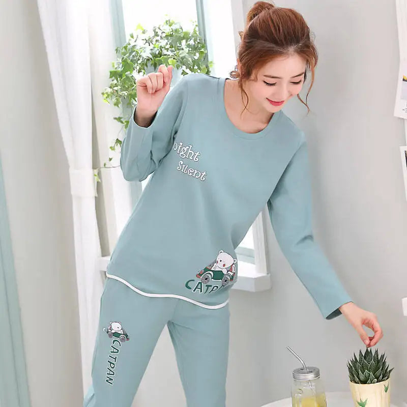 Autumn Thin 2pieces Pijamas Set Women 2026 Cartoon Round Neck Girls Pajamas Sets Honey Boof Full Sleepwear Clothes Sleep Tops