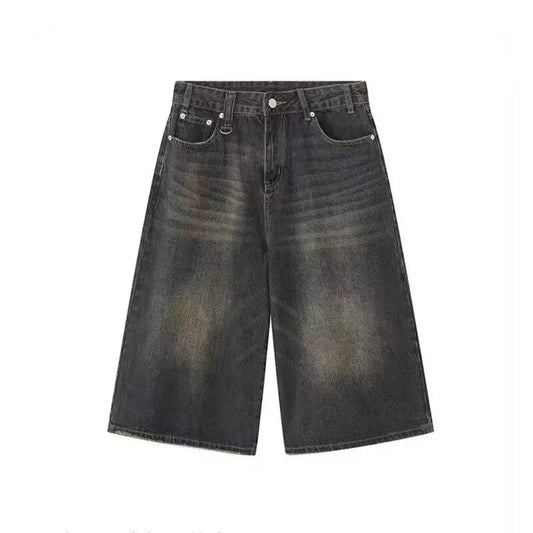 Retro Y2k Baggy  Women Men  Black Jeans Low Waist Casual Wide Pants Frayed Denim Shorts Big Size Clothes