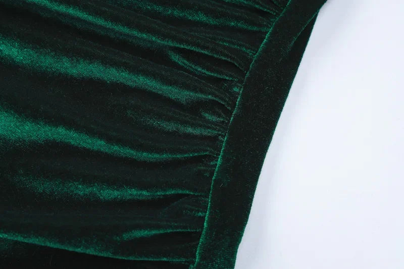 BWQ 2026 Spring Summer Velvet Long Sleeve Midi Dress For Women Ruched Long Dress Elegant Party Clothes Evening Green Outfits