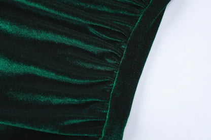 BWQ 2026 Spring Summer Velvet Long Sleeve Midi Dress For Women Ruched Long Dress Elegant Party Clothes Evening Green Outfits
