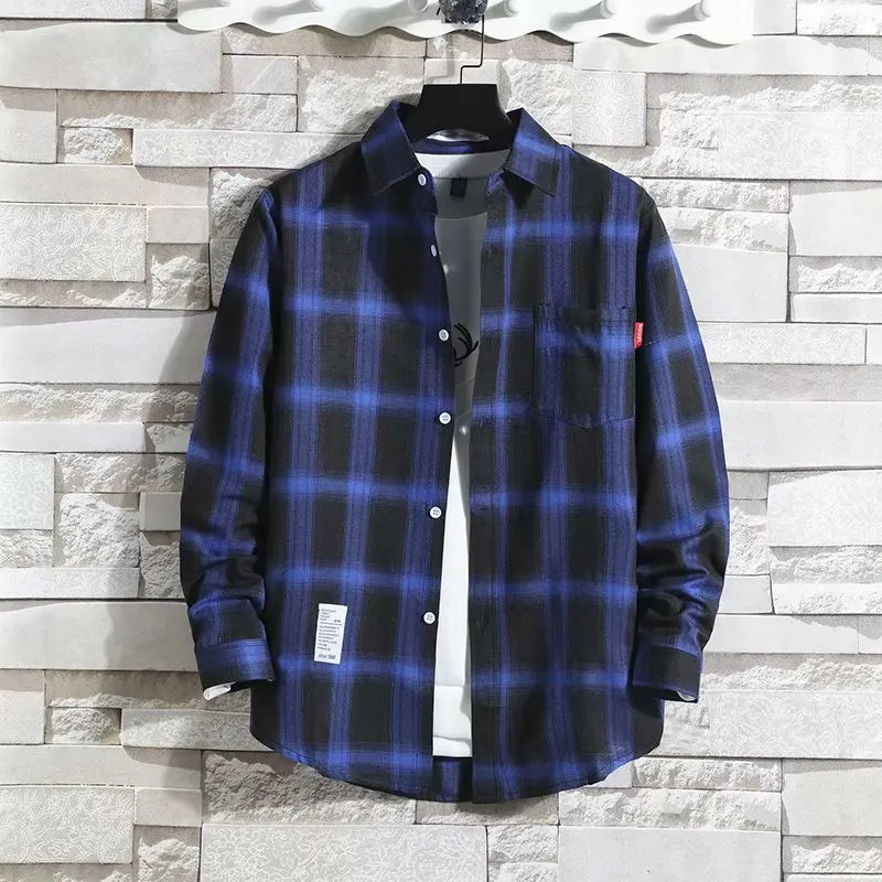 Spring New Korean Style Plaid Shirts Men's Handsome Long-sleeved Loose Casual All-matching Shirt Coats 2026 Trend Men's Clothing