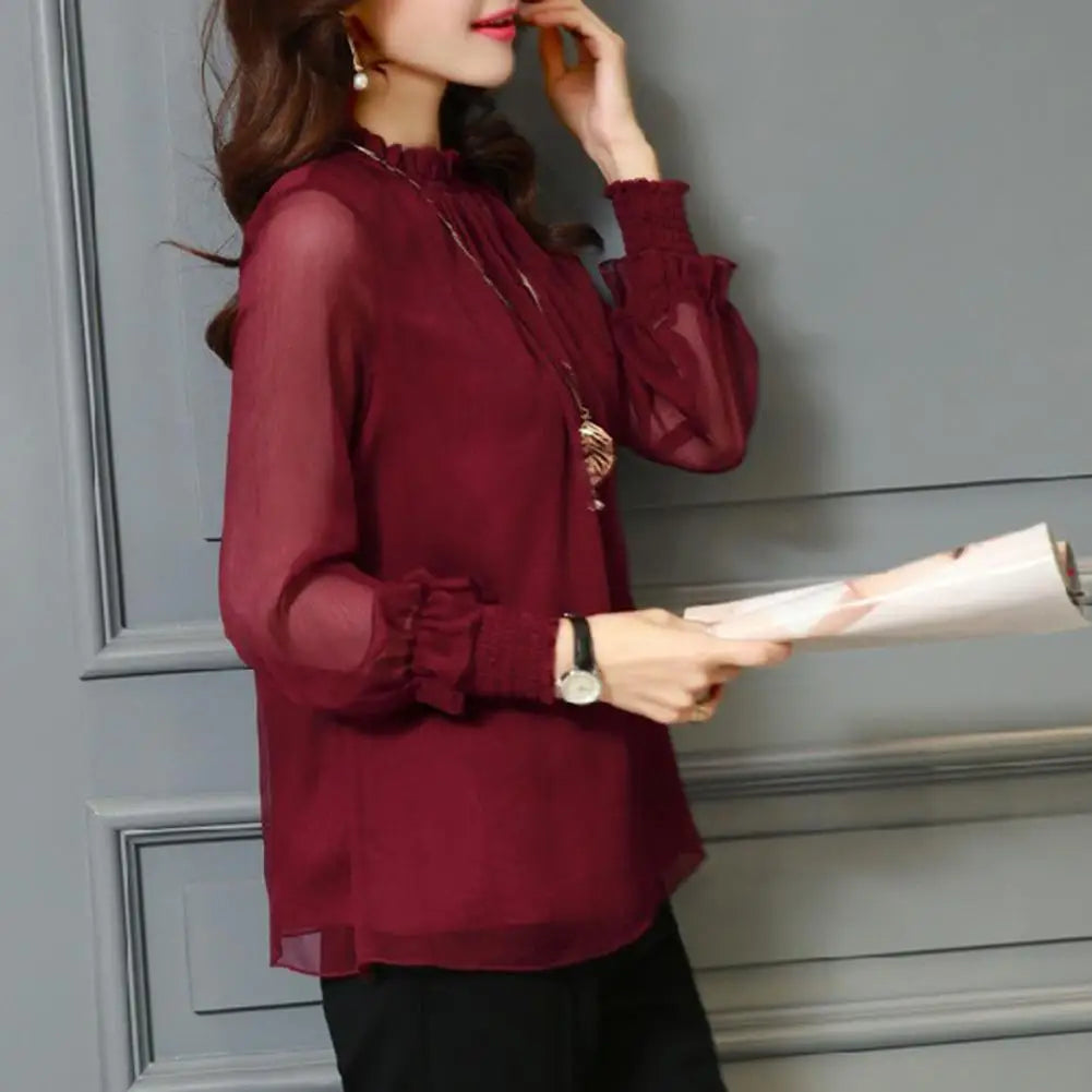 Perspective Net Mesh Sleeve Office Shirt Top Elastic Cuffs Women Shirt Elegant Ruffle Collar Blouse Solid Color Chiffon Shirt
