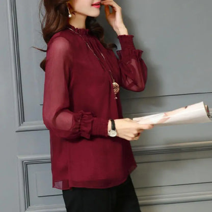 Perspective Net Mesh Sleeve Office Shirt Top Elastic Cuffs Women Shirt Elegant Ruffle Collar Blouse Solid Color Chiffon Shirt