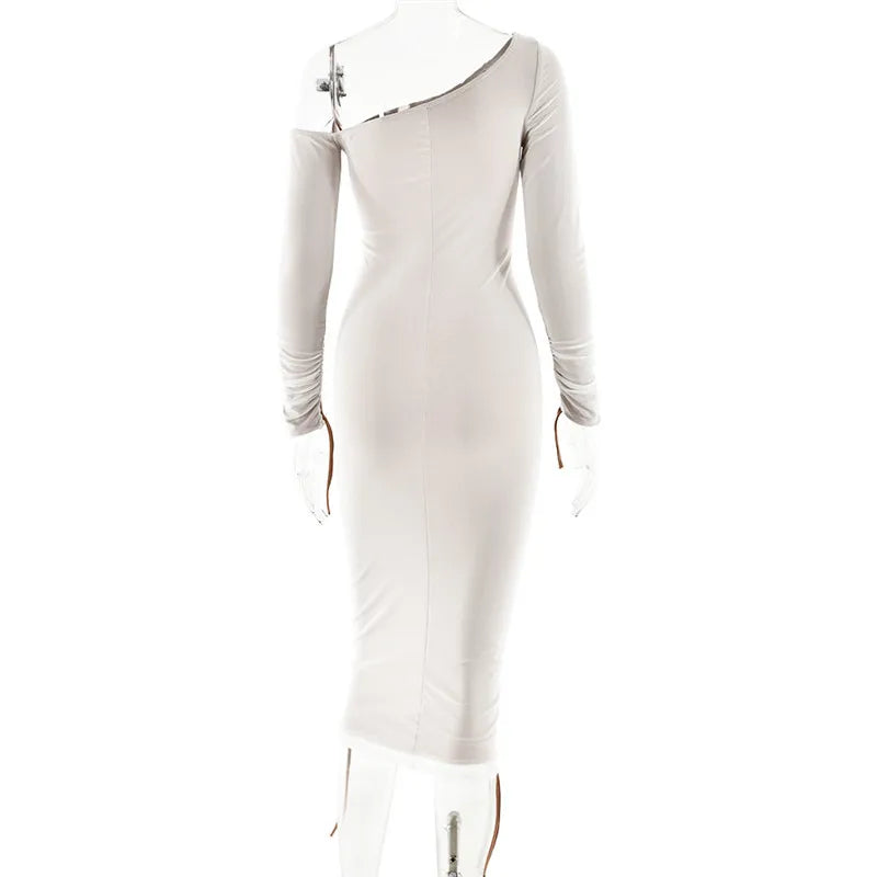 Diagonal Collar Long Sleeve Midi Dress For Women Two Layer Mesh Backless Ruched Bodycon Club Party Sexy Long Dress