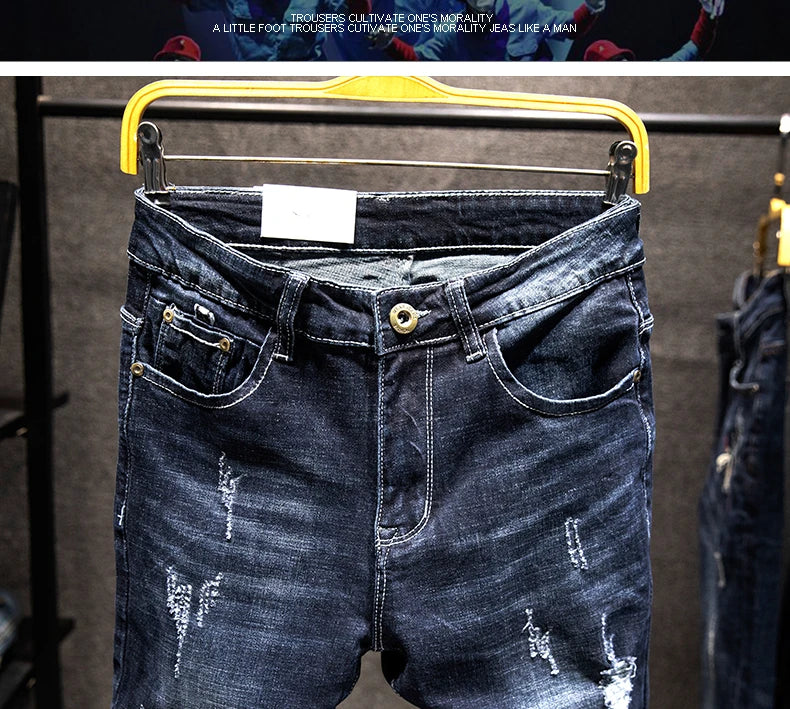 2025 New Ripped Jeans Men Slim-fit Denim Pants Cotton Korean Style Fashion Elasticity Versatile Blue Black Men's Clothing
