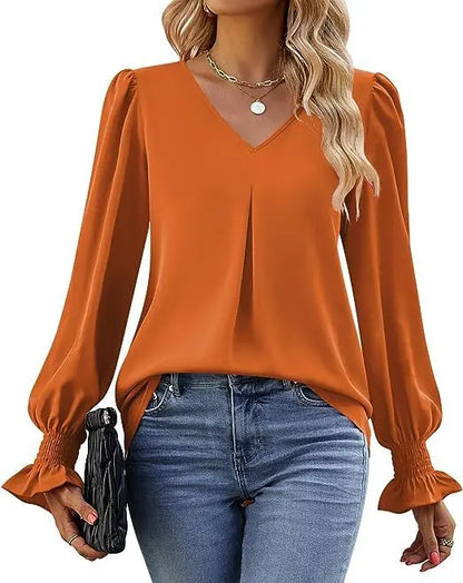 Women's New Solid Color Chiffon Shirt V-neck Pullover Flared Long Sleeved Top Shirt Office Lady Elegant Khaki Loose Blouse