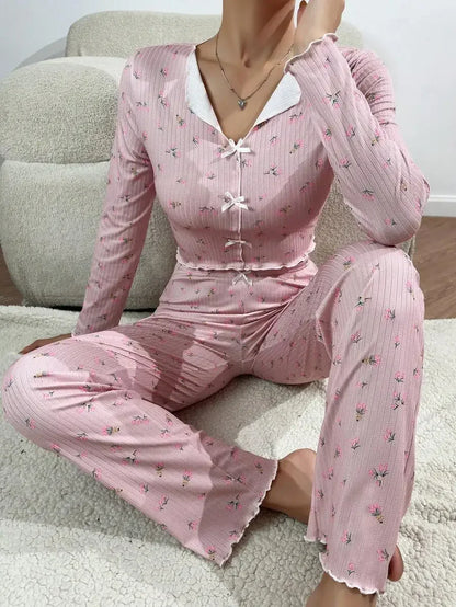 Women Sleepwear Autumn Winter Floral Print Pajamas Set Long Sleeve Top and Long Pants 2 Piece Casual Home wear Loungewear
