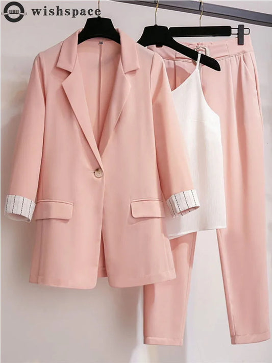 2025 spring new plus size Korean elegant women's suit female blazer leisure pants Tweed suit jacket three piece jacket pants set