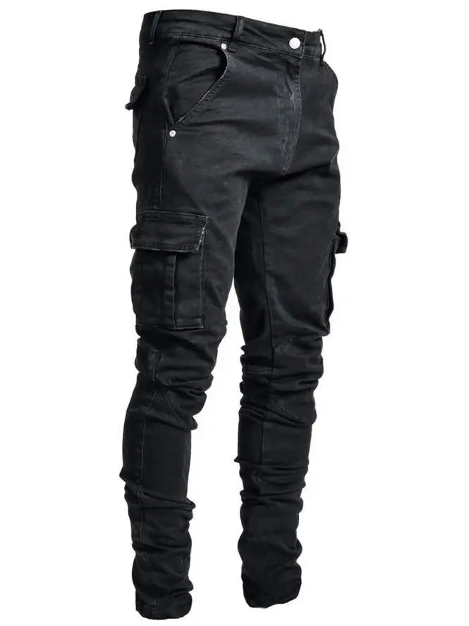 Jeans Men Pants Wash Solid Color Multi Pockets Denim Mid Waist Cargo Jeans Plus Size Fashion Casual Trousers Male Daily Wear