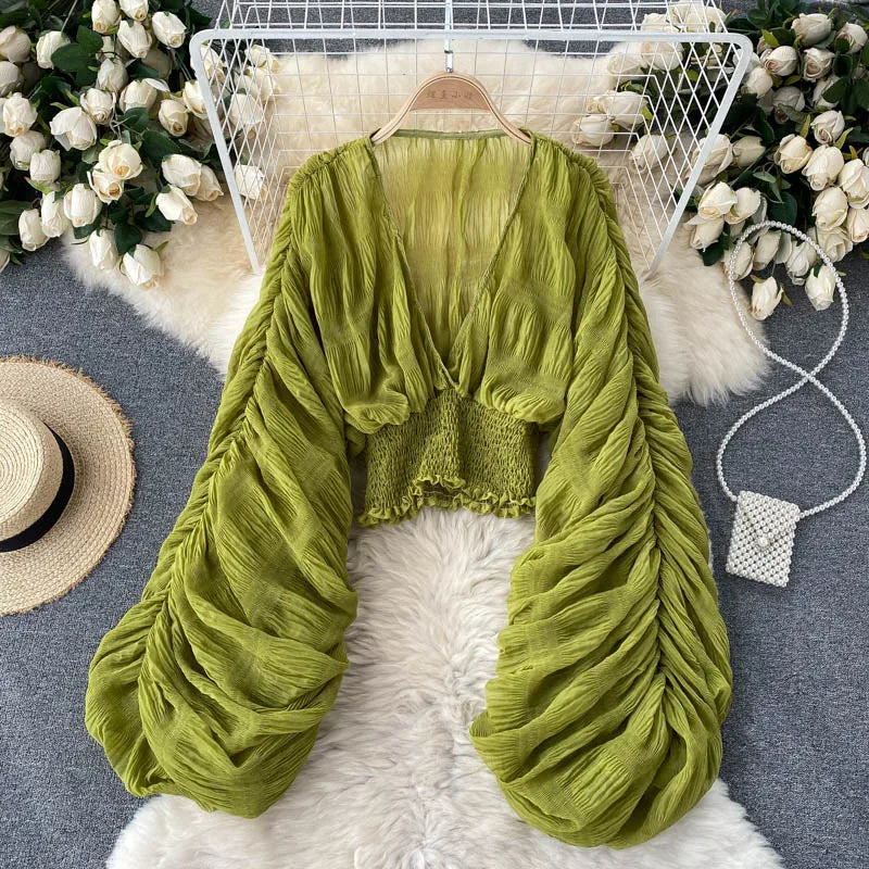 Women Sexy Chiffon Short Blouse Female See Through Super Long Sleeve Purple/Green/Black/White Folds Party Tops 2026 New