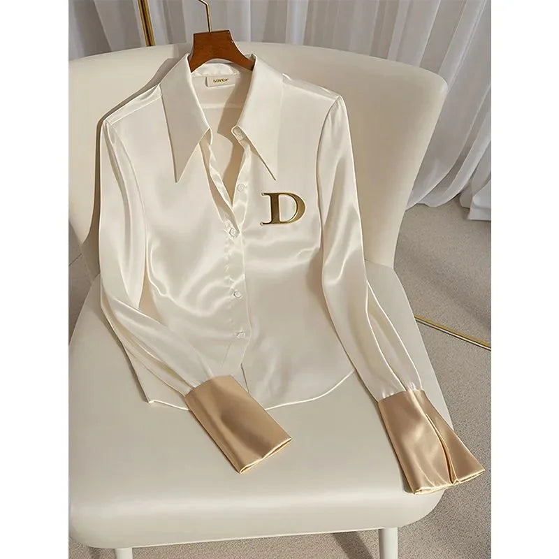 2026 White Shirt Female Design Sense Spring Autumn Fashion Letter Long Sleeve Shirts Tops Single-Breasted Blouse Coat Women