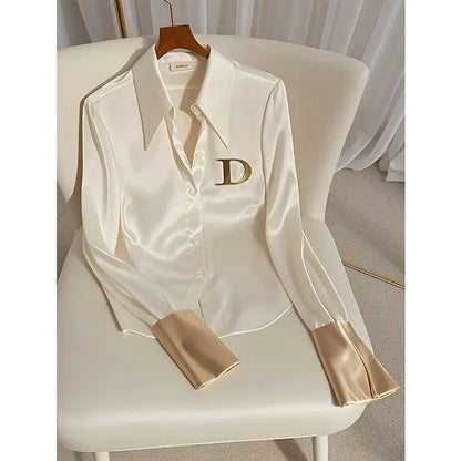 2026 White Shirt Female Design Sense Spring Autumn Fashion Letter Long Sleeve Shirts Tops Single-Breasted Blouse Coat Women