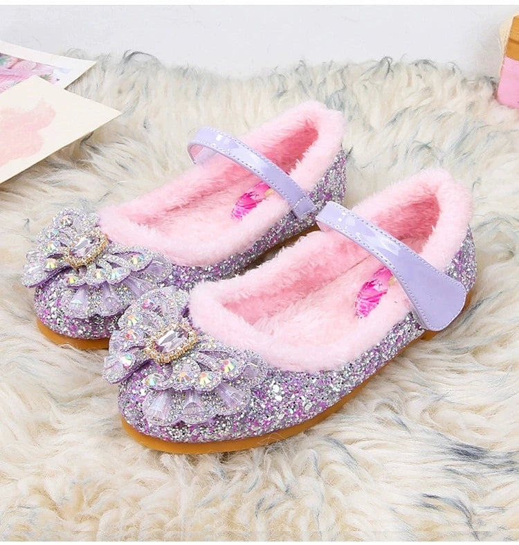 Disney Autumn Fashion Pearl Bow Rhinestone Frozen Elsa Princess Girl Shoes Flat Kids Princess Warm Winter Shoes Size 23-36