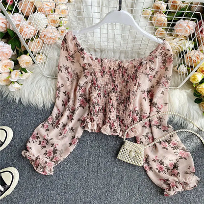 Blouse Women Autumn Retro Sexy Square-Neck Chiffon Shirt Long Sleeve Women's High Waist Short Blusas Ropa De Mujer