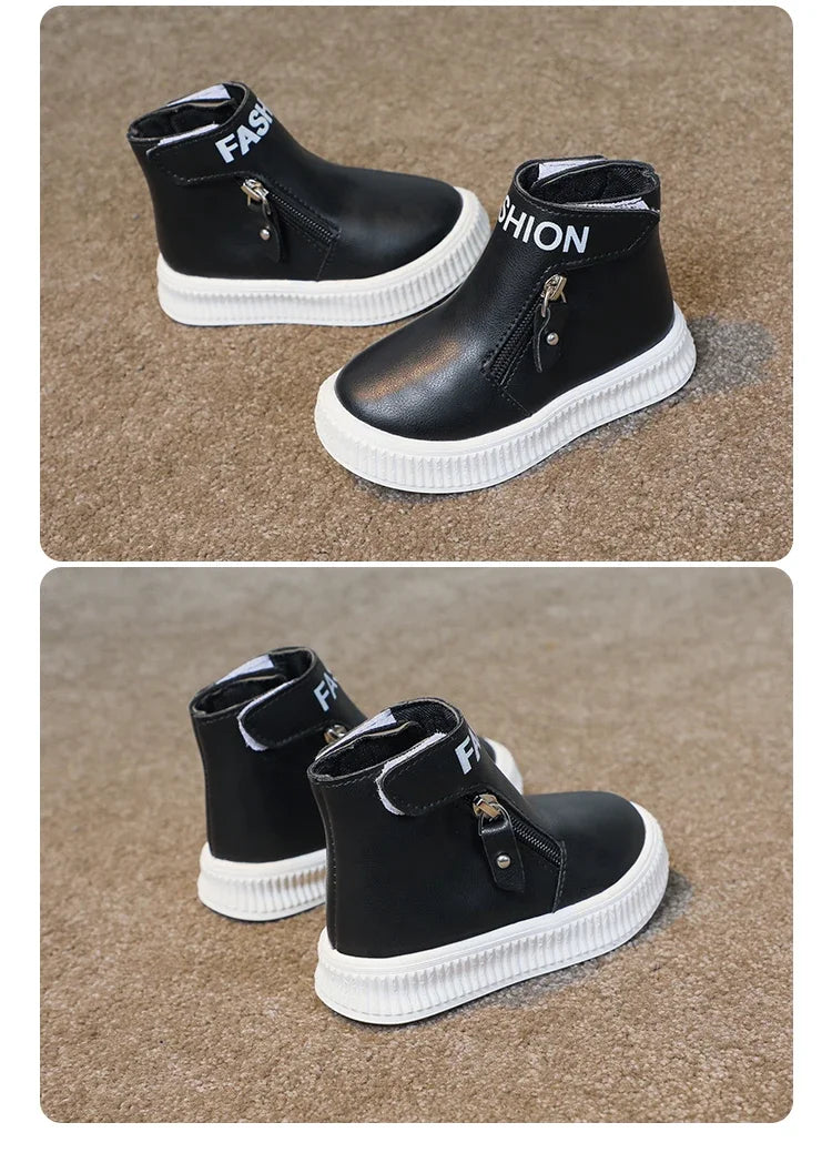 Children Fashion Boots Side Zipper Round-toe Kids Sport Boots Classic Solid Color Non-slip Boys Girls Leather Boots 2025 New