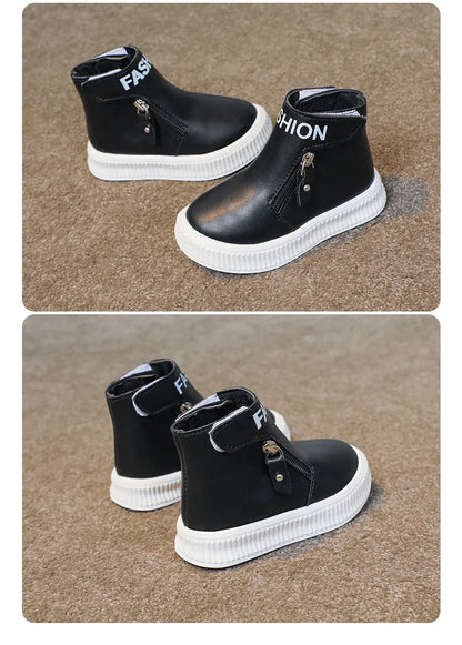 Children Fashion Boots Side Zipper Round-toe Kids Sport Boots Classic Solid Color Non-slip Boys Girls Leather Boots 2025 New