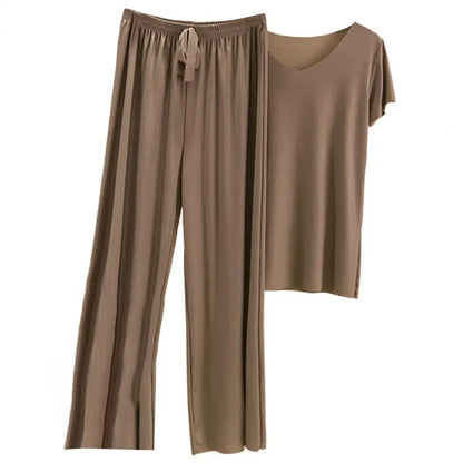 2 Pcs/Set Women T-shirt Pants Set Pleated Wide Leg V Neck Short Sleeves Loose Home wear Pullover Thin Summer Top Trousers Set