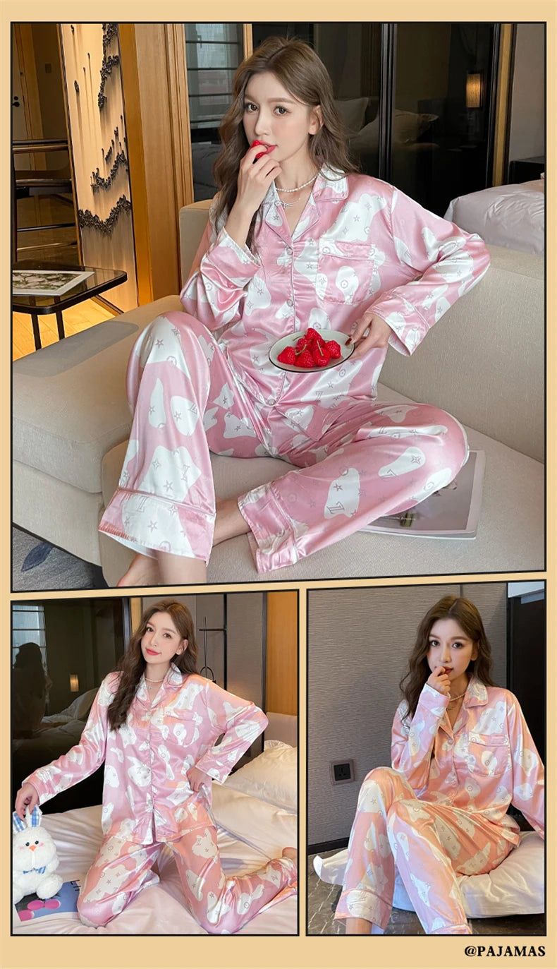 Women Casual Luxury Pajamas Thin Pajamas Female Sleepwear New Elegant Ladies Faux Silk Polyester Dots Pajama Sets Sexy Home wear