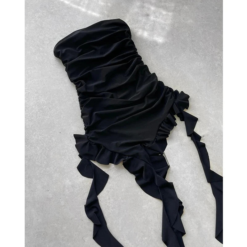 Women Strapless Sexy Floral Fold Hemline High Slit Mini Dress 2026 Solid Backless Sleeveless Black And Pink Party Dress Vestidos