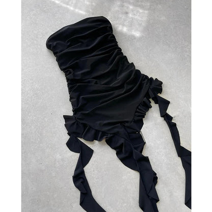 Women Strapless Sexy Floral Fold Hemline High Slit Mini Dress 2026 Solid Backless Sleeveless Black And Pink Party Dress Vestidos