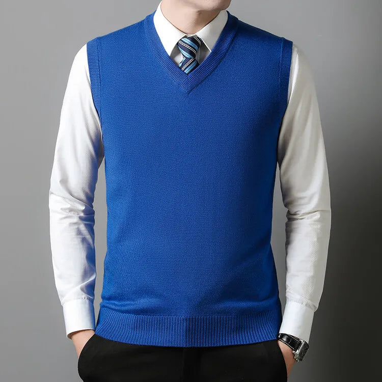New Men's Autumn High-end Sweater Vest V-neck Warm Knit Sleeveless Men's Clothes Pullover Tops