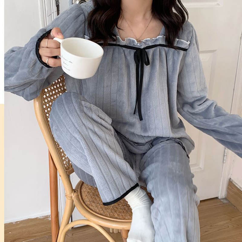 Square Collar Women Pajamas Set Winter Sleepwear Fleece Velvet 2 Piece Pant Home Suit Fluffy Korean Solid Pajama Warm Night Wear